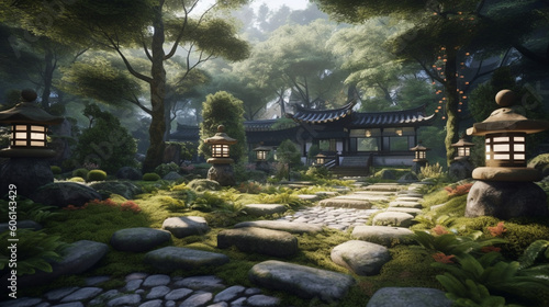 A serene tea garden with stepping stones leading to a stone lantern Generative AI