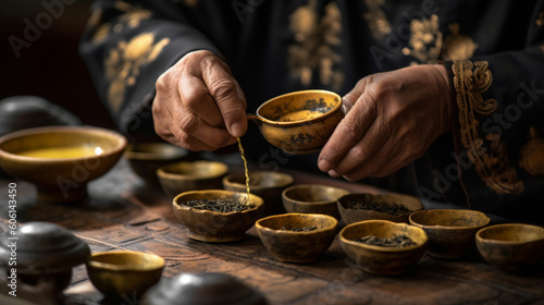 A close-up of a tea master's hands gracefully preparing tea Generative AI