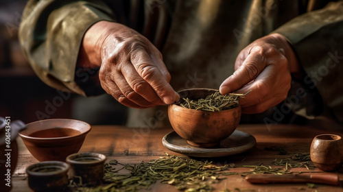A close-up of a tea master's hands gracefully preparing tea Generative AI