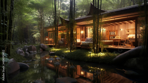 A tranquil teahouse nestled in a bamboo grove Generative AI