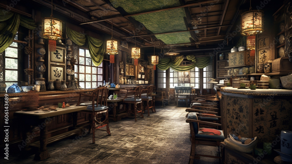 A traditional tea room adorned with intricate calligraphy and hanging scrolls Generative AI