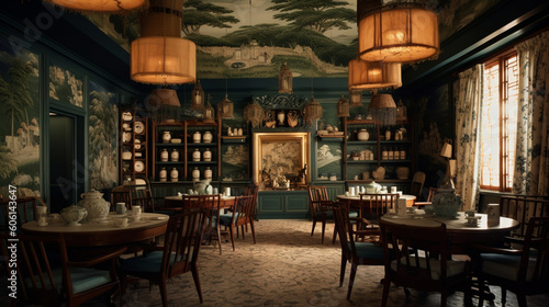 A traditional tea room adorned with intricate calligraphy and hanging scrolls Generative AI