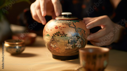 A tea master carefully arranging tea leaves in a beautiful ceramic tea caddy Generative AI