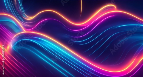 Waves of beautiful neon lights on dark background, generative ai