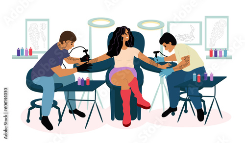Woman getting tattoo on her arms in studio, flat vector illustration. Tattoo salon, shop business, tattooing art concept.