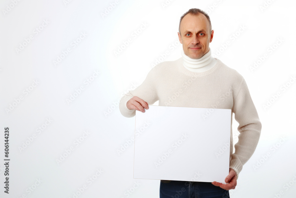 Man in a white turtleneck holding a white sheet of paper Man in a white turtleneck holding a white sheet of paper