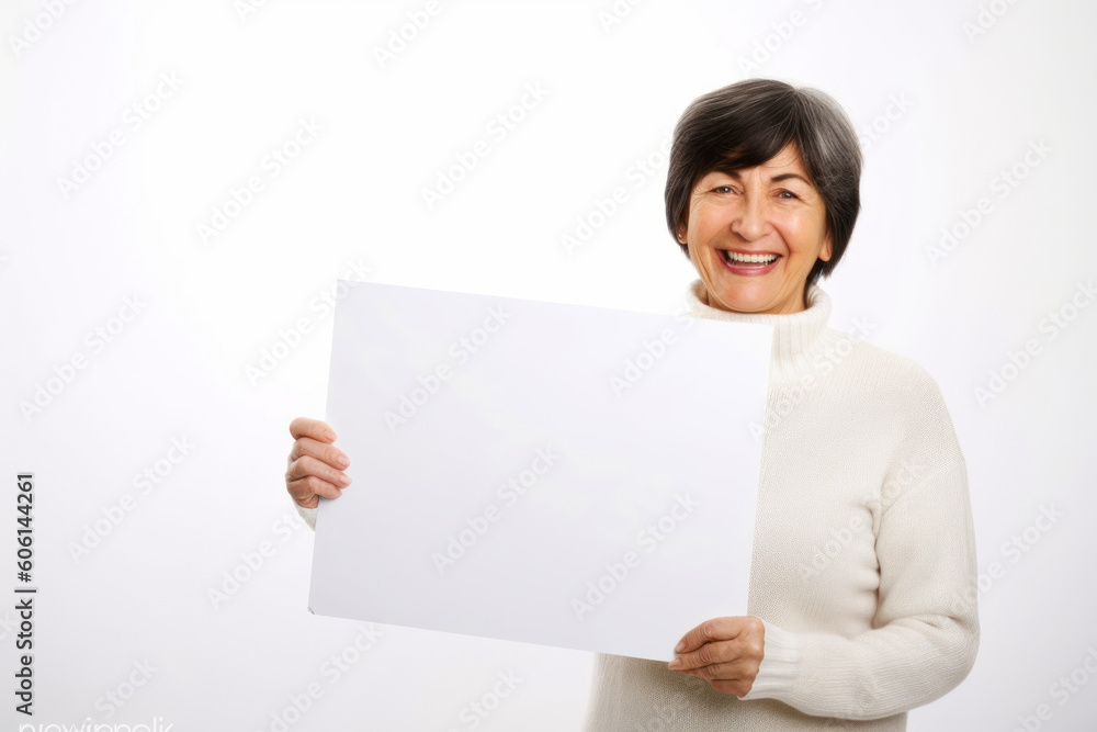 Smiling senior woman holding a blank sheet of paper on white background Smiling senior woman holding a blank sheet of paper on white background