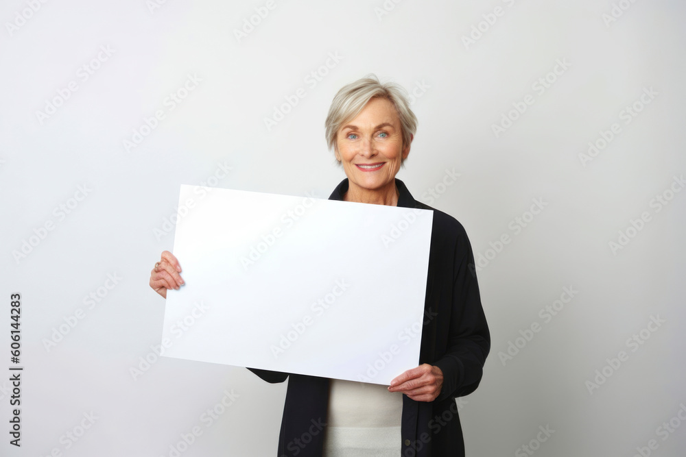Mature woman holding a blank sheet of paper on a white background Mature woman holding a blank sheet of paper on a white background