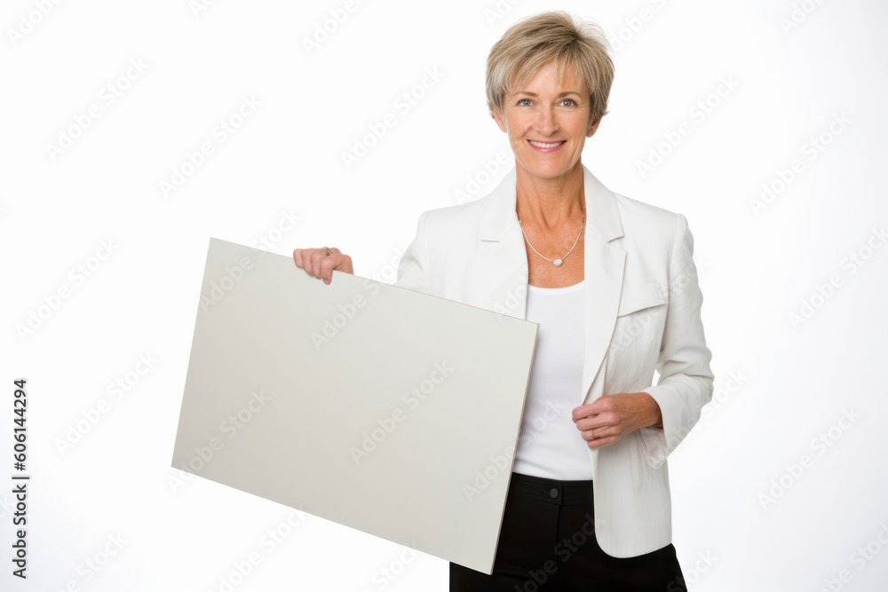 Portrait of a happy senior businesswoman holding blank placard against white background Portrait of a happy senior businesswoman holding blank placard against white background