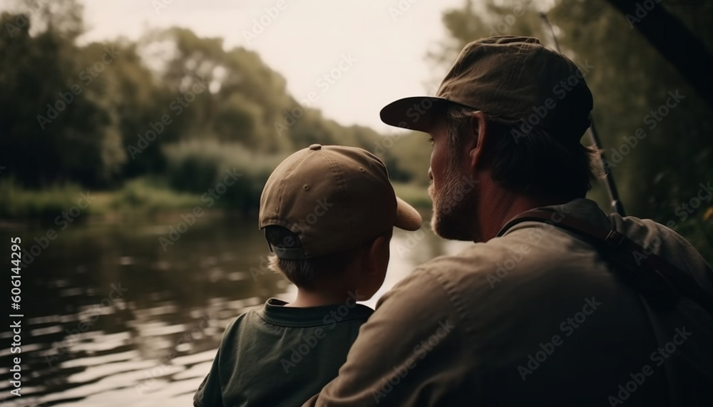 Father and son fishing, bonding in nature generated by AI Father and son fishing, bonding in nature generated by AI