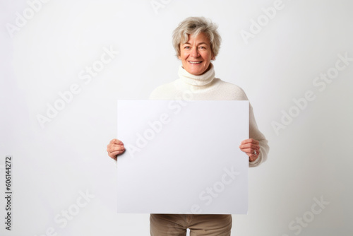 Senior woman holding a blank sheet of paper on a white background.