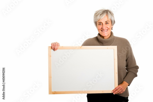 Smiling senior woman holding a blank board with copy space for your text