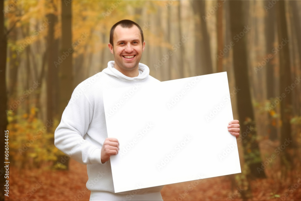 Young man holding a blank white board in the autumn forest. Copy space Young man holding a blank white board in the autumn forest. Copy space
