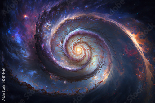 Spiraling Galaxy art detailed painting. Swirl, vivid color, cosmo in dark. Made with Generative AI