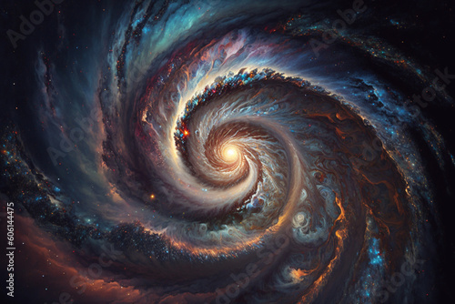 Spiraling Galaxy art detailed painting. Swirl, vivid color, cosmo in dark. Made with Generative AI
