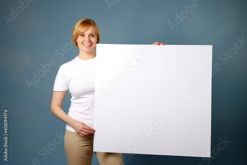 Young woman holding a white sheet of paper on a blue background.