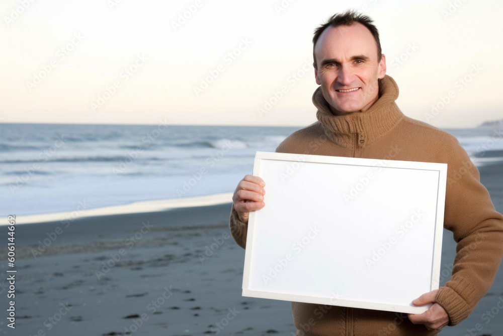 Mature man holding a blank board on the beach in winter. Mature man holding a blank board on the beach in winter.