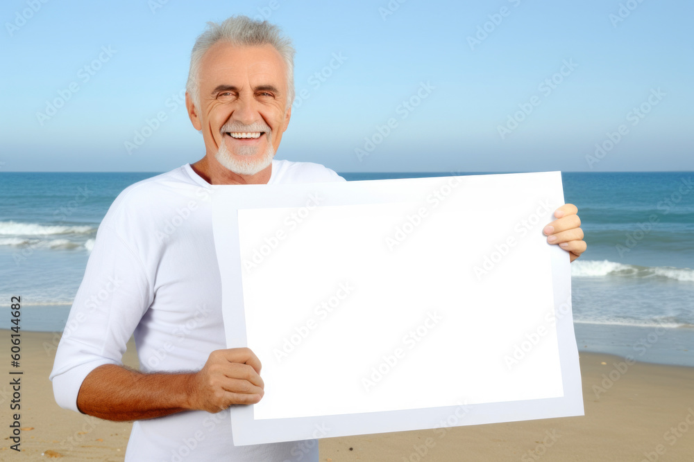 Portrait of happy senior man holding blank paper sheet on the beach Portrait of happy senior man holding blank paper sheet on the beach