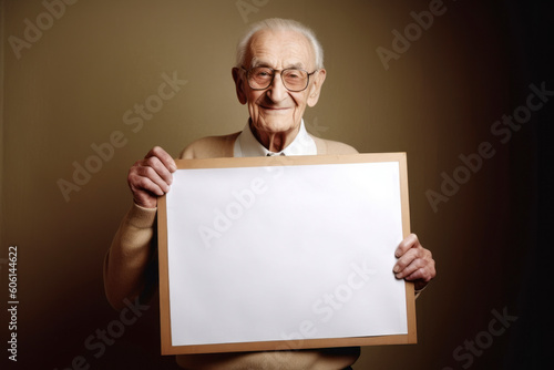 Elderly man holding a blank paper on a brown background.