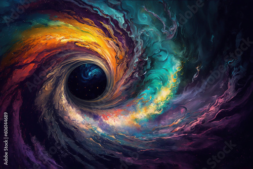 Colorful Swirling rainbow Galaxy art. Spiral abstraction, dream, chaos, creative imagination concept. Detailed painting. Made with Generative AI