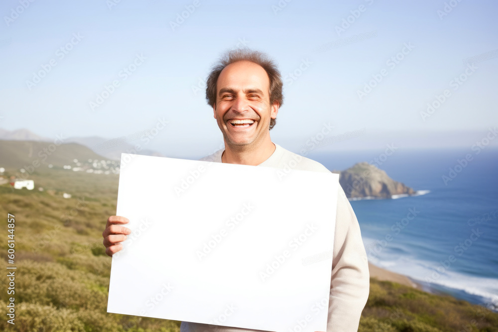 Portrait of a happy man holding a blank sheet of paper at the beach Portrait of a happy man holding a blank sheet of paper at the beach