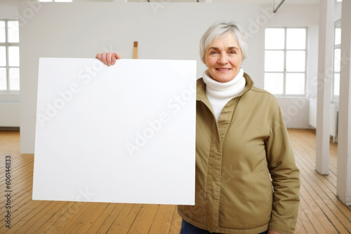 Mature woman holding a blank sheet of paper in an empty room