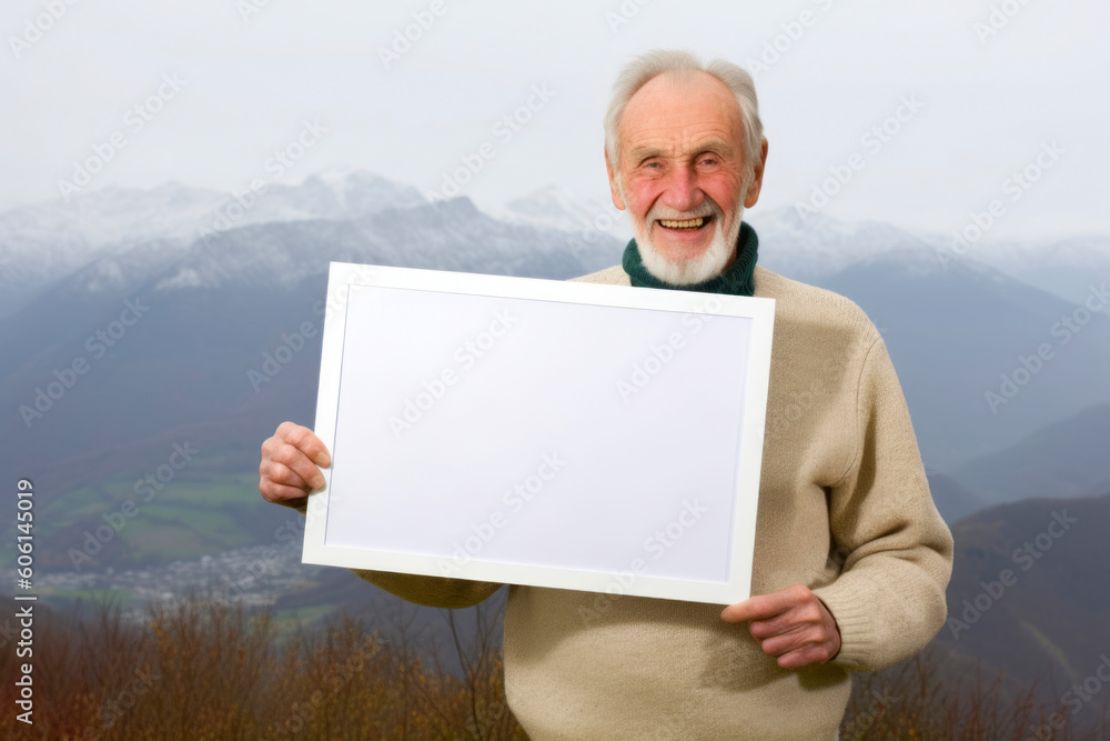 Portrait of senior man holding blank whiteboard on the mountain background Portrait of senior man holding blank whiteboard on the mountain background