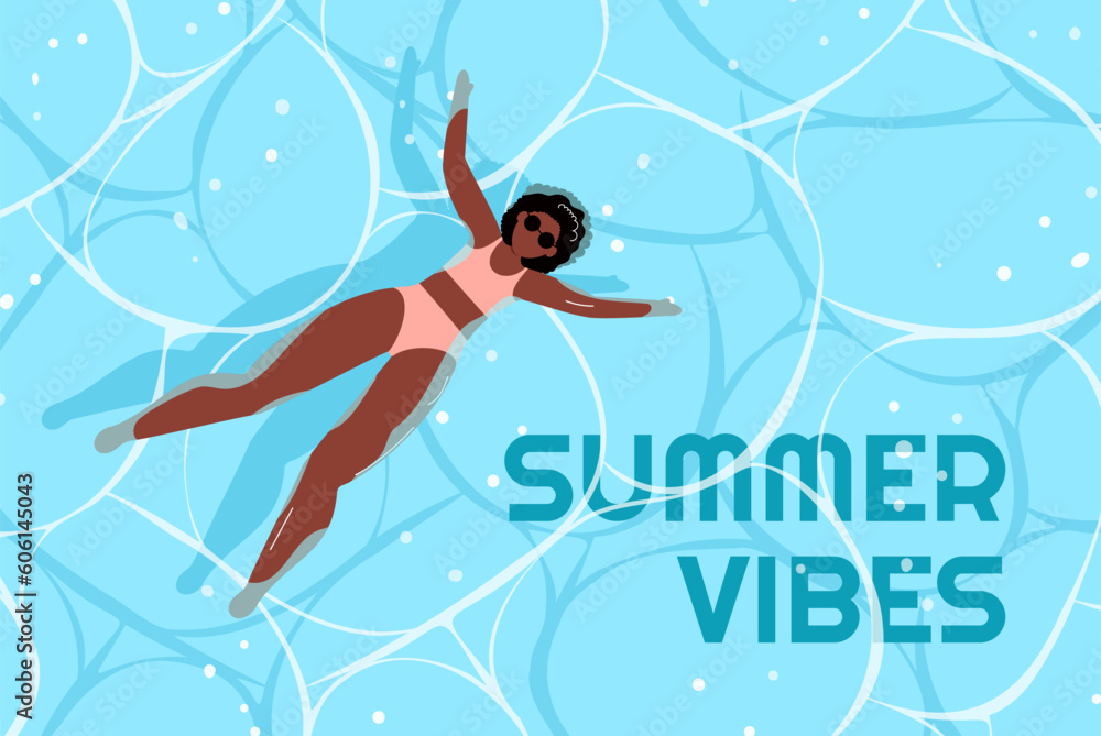 Happy woman floating lying on water surface. African American girl in bikini relaxing in sea, swimming on back, sunbathing, top view. Summer vibes. Vector illustration