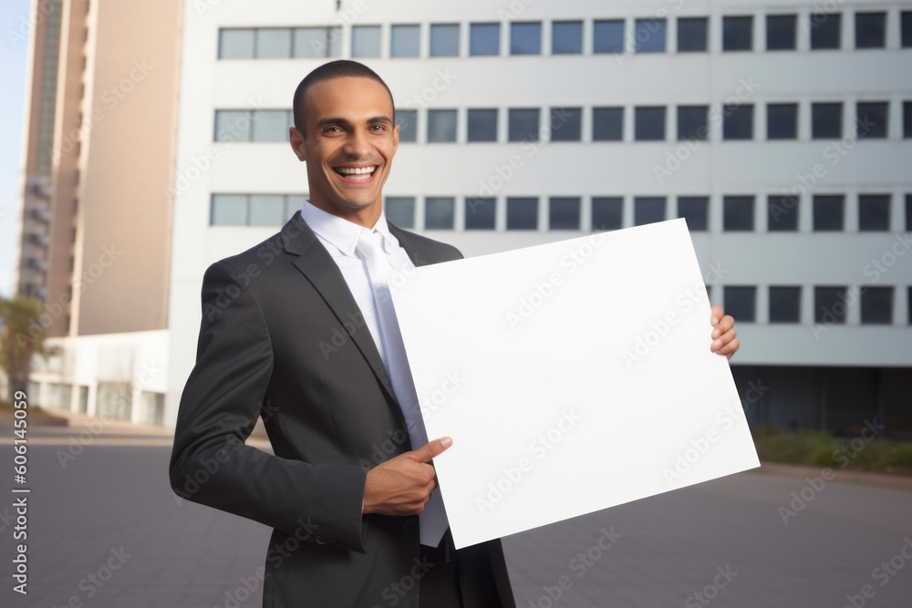 Portrait of happy young African American businessman holding blank signboard outdoors Portrait of happy young African American businessman holding blank signboard outdoors