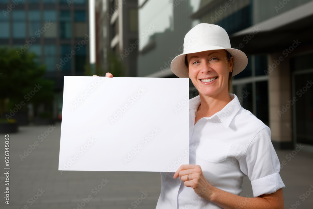 Mature woman holding a blank white sheet of paper in the city Mature woman holding a blank white sheet of paper in the city