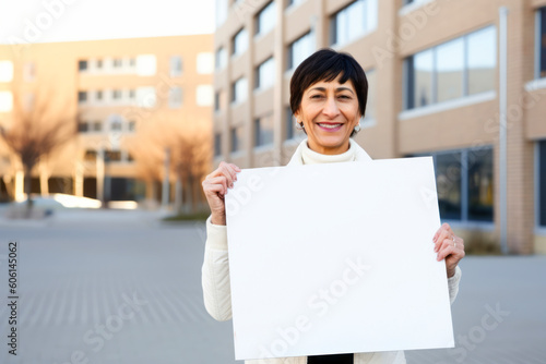 Smiling mature woman holding a blank sheet of paper in the city