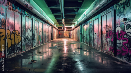 Ein verlassener Untergrundtunnel erwacht durch farbenfrohe Graffiti-Kunstwerke zum Leben, während künstliches Licht die Szene erhellt photo