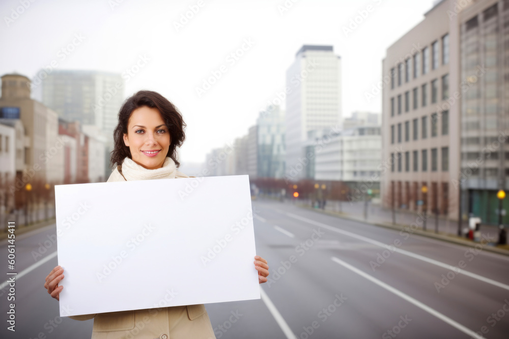 business, advertisement and people concept - smiling businesswoman with blank white board over city street background business, advertisement and people concept - smiling businesswoman with blank white board over city street background