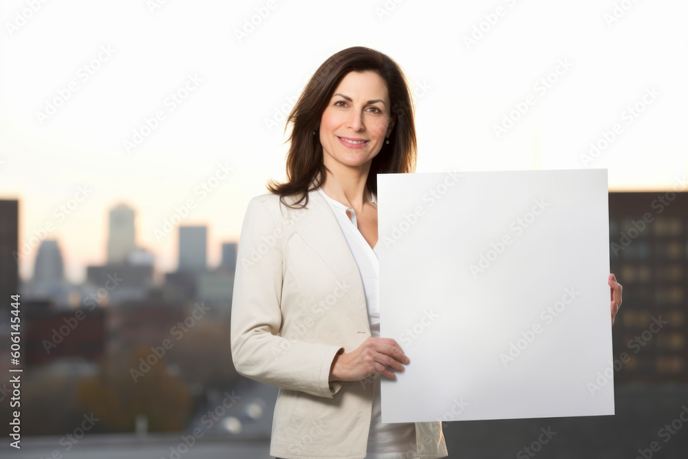 portrait of a smiling businesswoman holding a white sheet of paper portrait of a smiling businesswoman holding a white sheet of paper