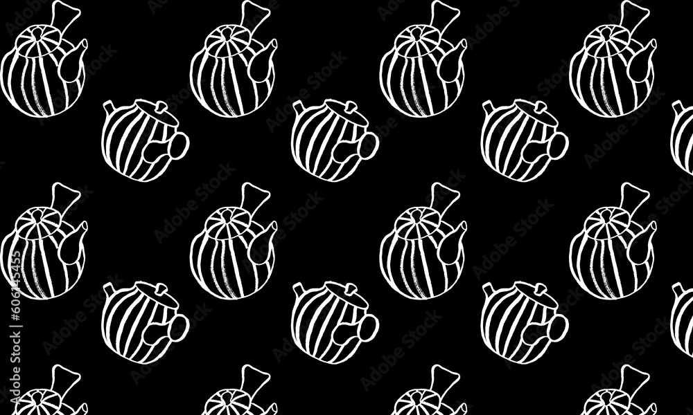 Vector pattern from teapots. China, Japan, oriental tea ceremony, tradition. Product packaging, paper, wallpaper, fabric, gift wrapping, clothing. White on black. Eps10 Vector pattern from teapots. China, Japan, oriental tea ceremony, tradition. Product packaging, paper, wallpaper, fabric, gift wrapping, clothing. White on black. Eps10