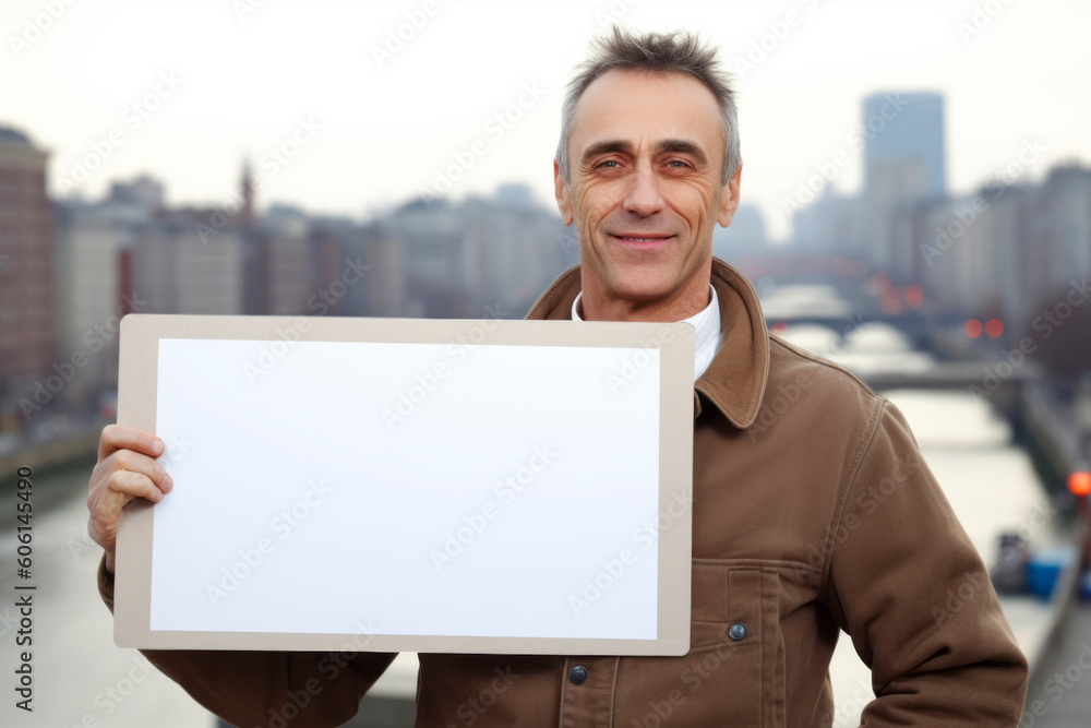 Handsome middle-aged man holding a white board in the city Handsome middle-aged man holding a white board in the city