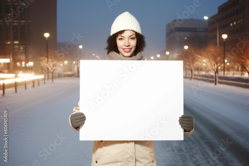 young woman in winter clothes holding a white blank billboard in the city