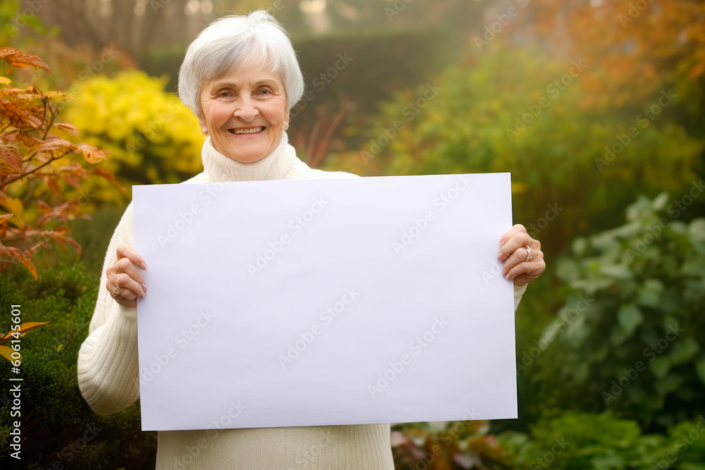 Portrait of a senior woman holding a blank sheet of paper outdoors Portrait of a senior woman holding a blank sheet of paper outdoors