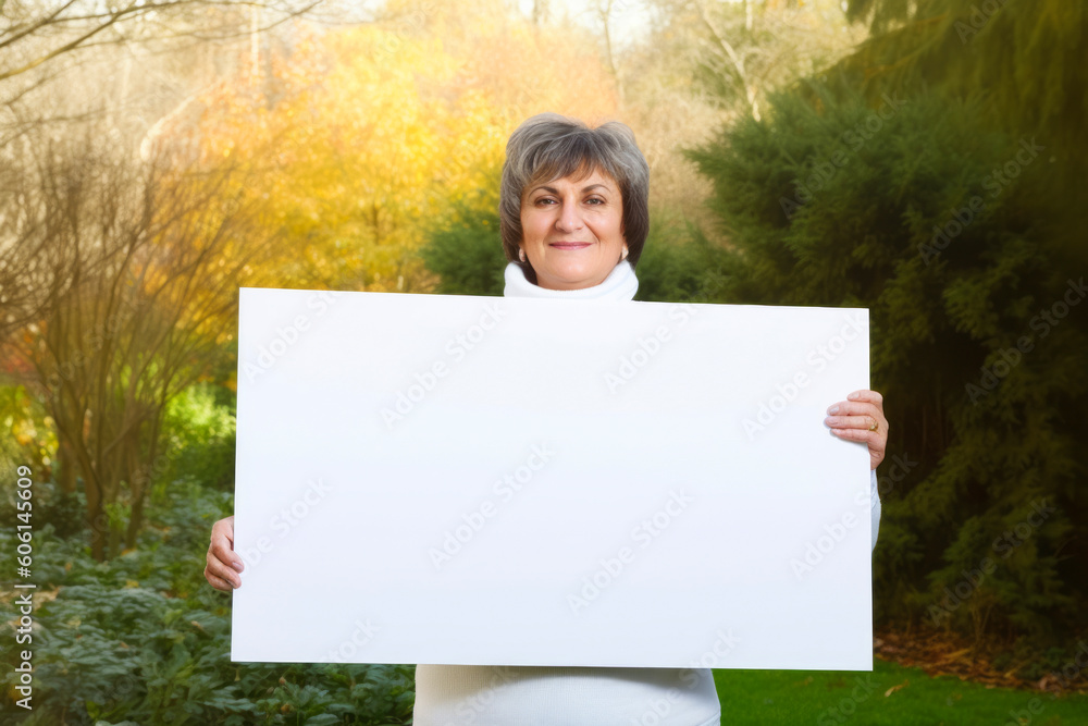 Smiling elderly woman holding a white sheet of paper with copy space Smiling elderly woman holding a white sheet of paper with copy space