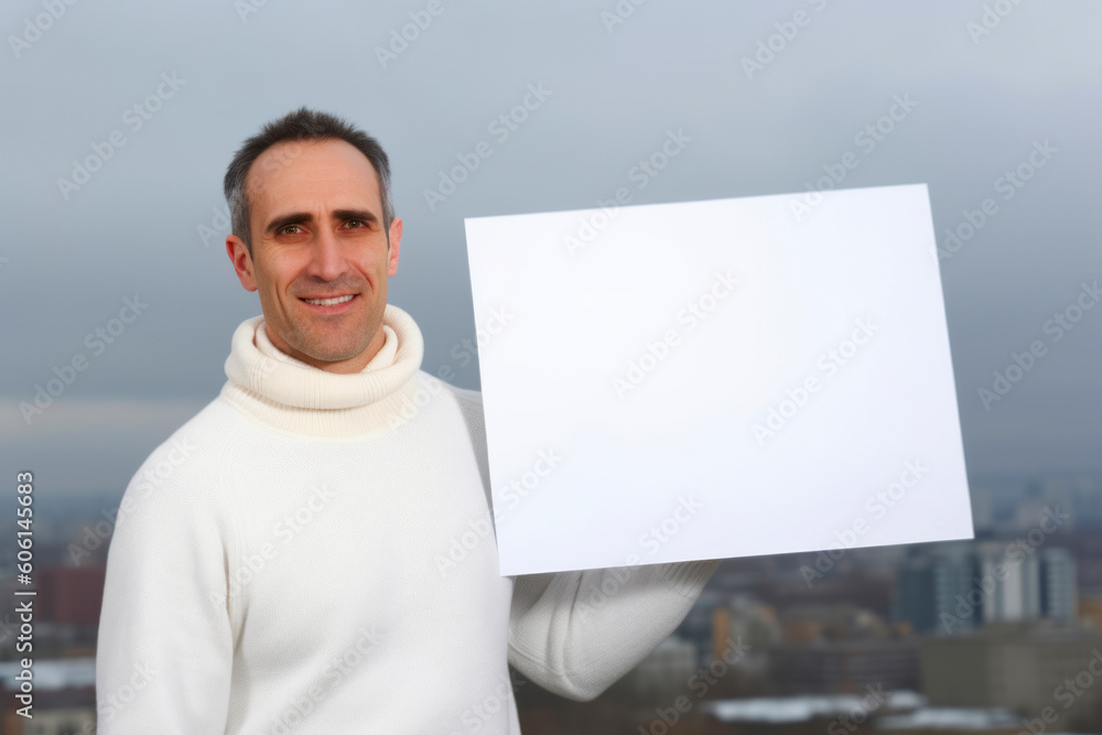 man holding a blank sheet of paper on the background of the city man holding a blank sheet of paper on the background of the city