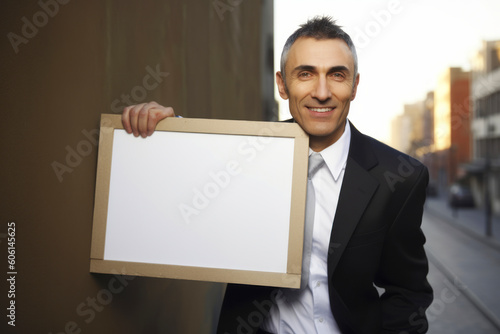 Businessman holding a blank signboard in his hand and smiling at the camera