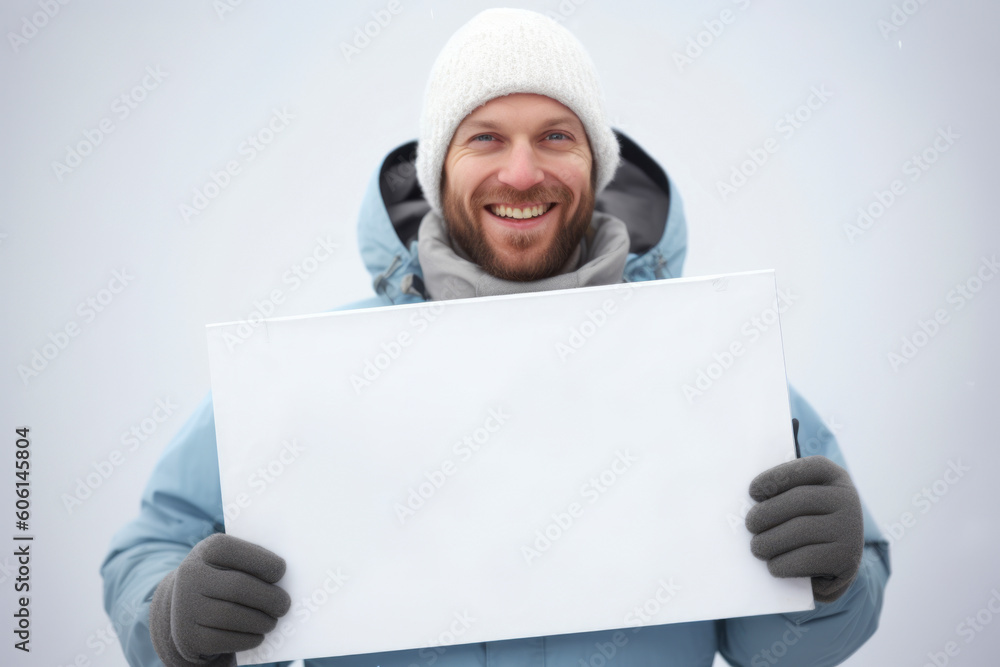 Smiling young man in winter clothing holding blank sheet of paper. Smiling young man in winter clothing holding blank sheet of paper.