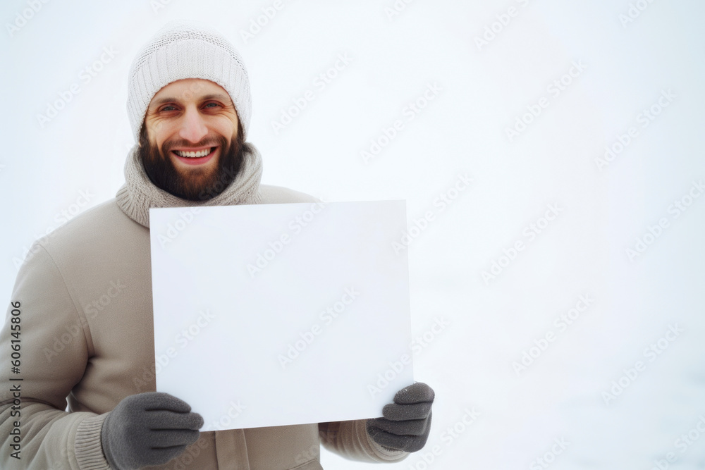 Portrait of a man holding a blank sheet of paper in winter Portrait of a man holding a blank sheet of paper in winter