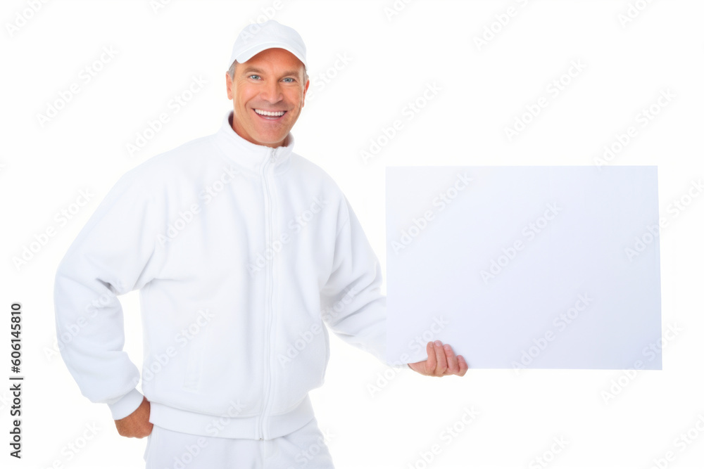 Smiling chef holding a white placard over white background - copyspace Smiling chef holding a white placard over white background - copyspace