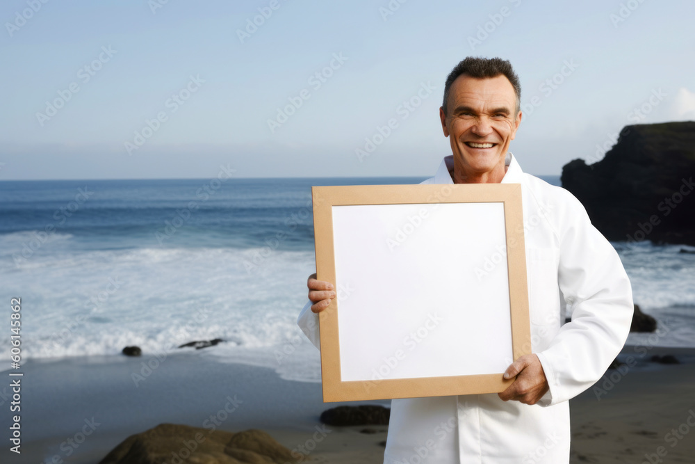 Portrait of a senior man holding a blank board at the beach Portrait of a senior man holding a blank board at the beach