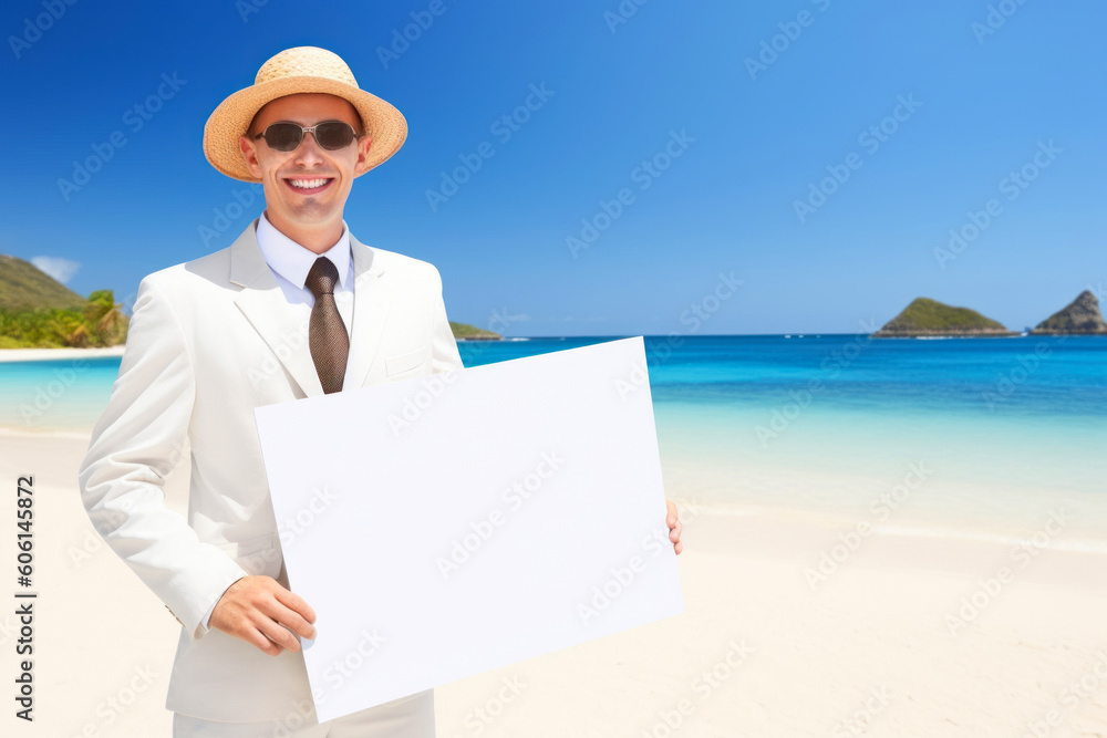 Businessman in suit and hat holding white blank card on the beach Businessman in suit and hat holding white blank card on the beach