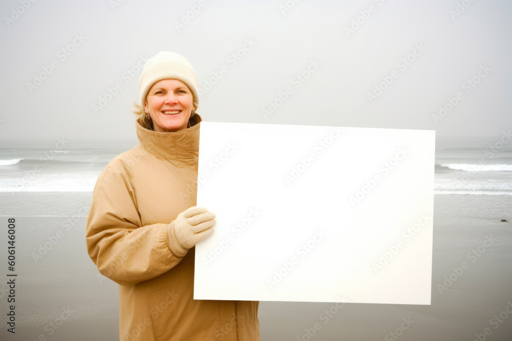 Portrait of a smiling middle-aged woman in winter clothes holding a blank board on the beach Portrait of a smiling middle-aged woman in winter clothes holding a blank board on the beach