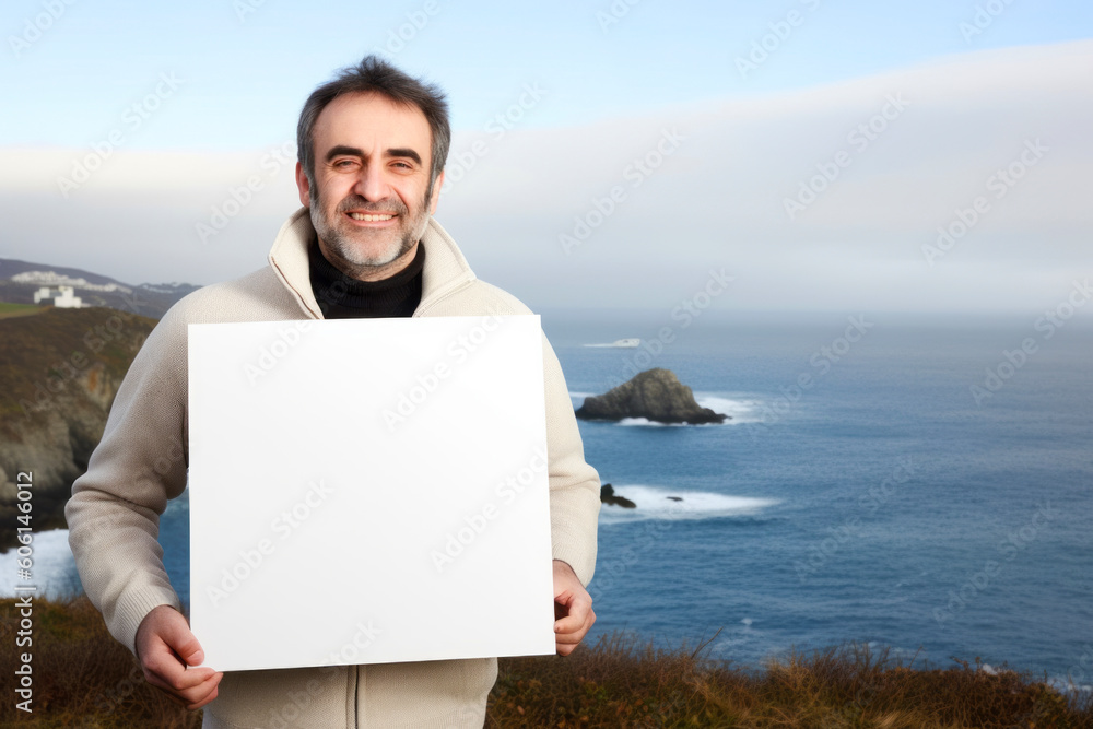Man holding a blank sign in front of a mountain landscape with the ocean in the background Man holding a blank sign in front of a mountain landscape with the ocean in the background
