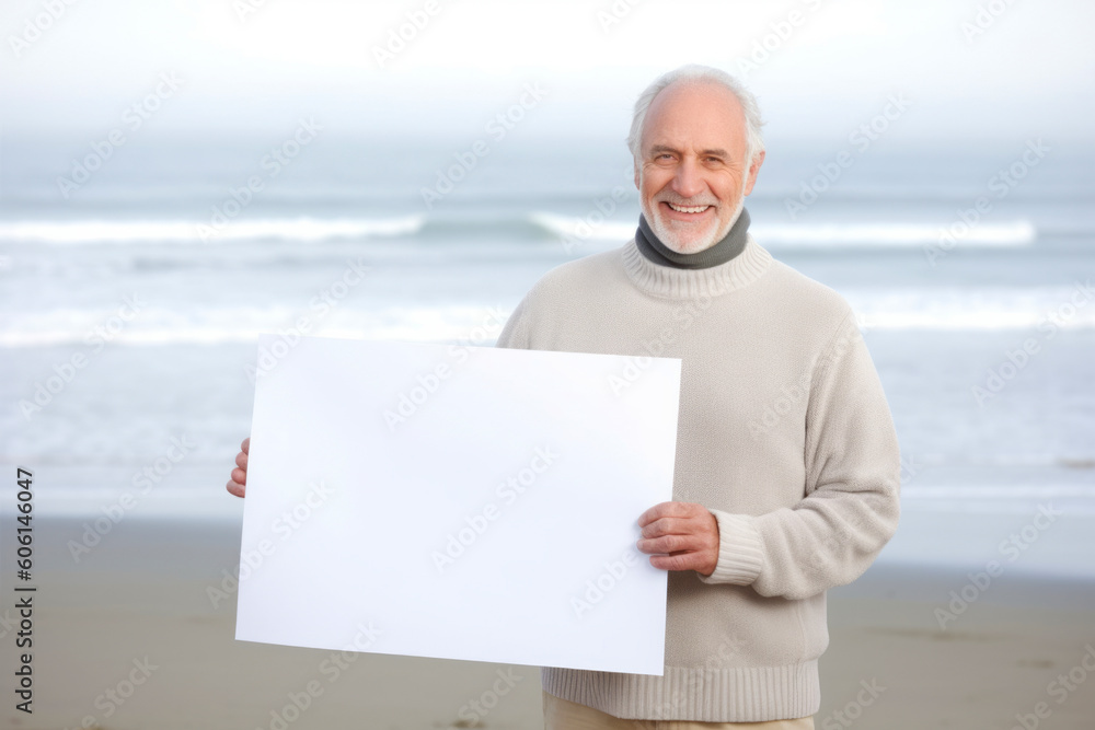 Portrait of a smiling senior man holding blank placard at the beach Portrait of a smiling senior man holding blank placard at the beach