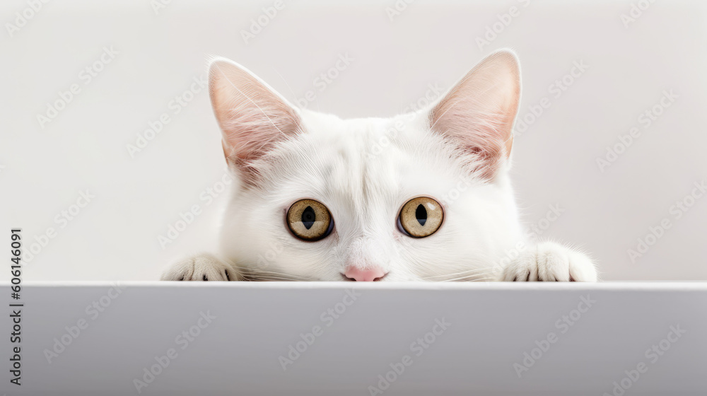 portrait of a peeking cat head. Funny white cat peeking out. Copy Space. Generative AI
